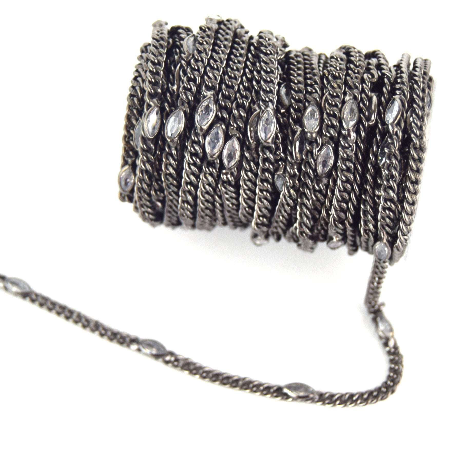 Gunmetal Plated Copper with 6mm Faceted Clear Hydro Quartz Marquise Spaced Bezel Link Rosary Chain