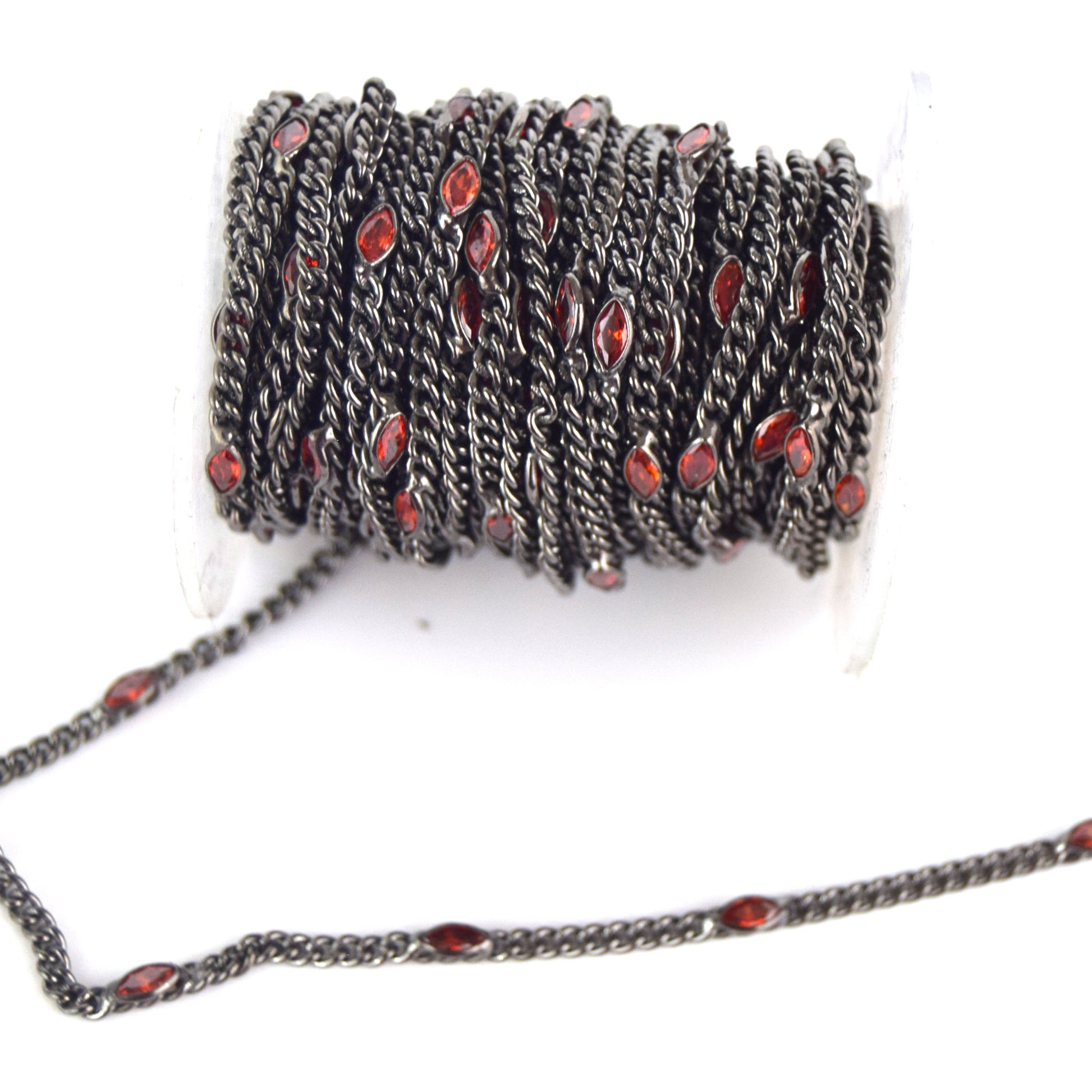 Gunmetal Plated Copper with 6mm Faceted Red Hydro Quartz Marquise Spaced Bezel Link Rosary Chain