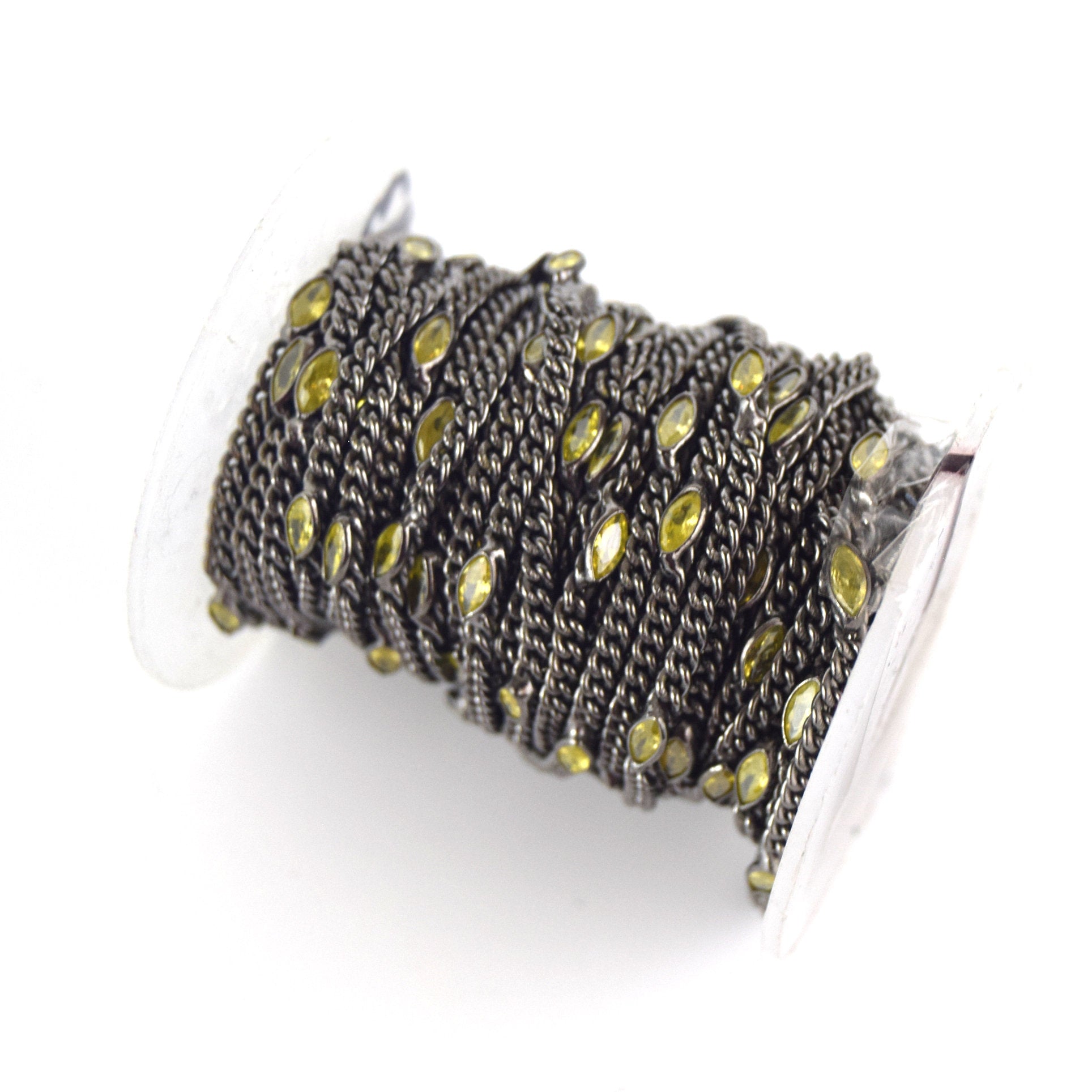 Gunmetal Plated Copper Spaced with 6mm Faceted Yellow Hydro Quartz Marquise Bezel Link Rosary Chain