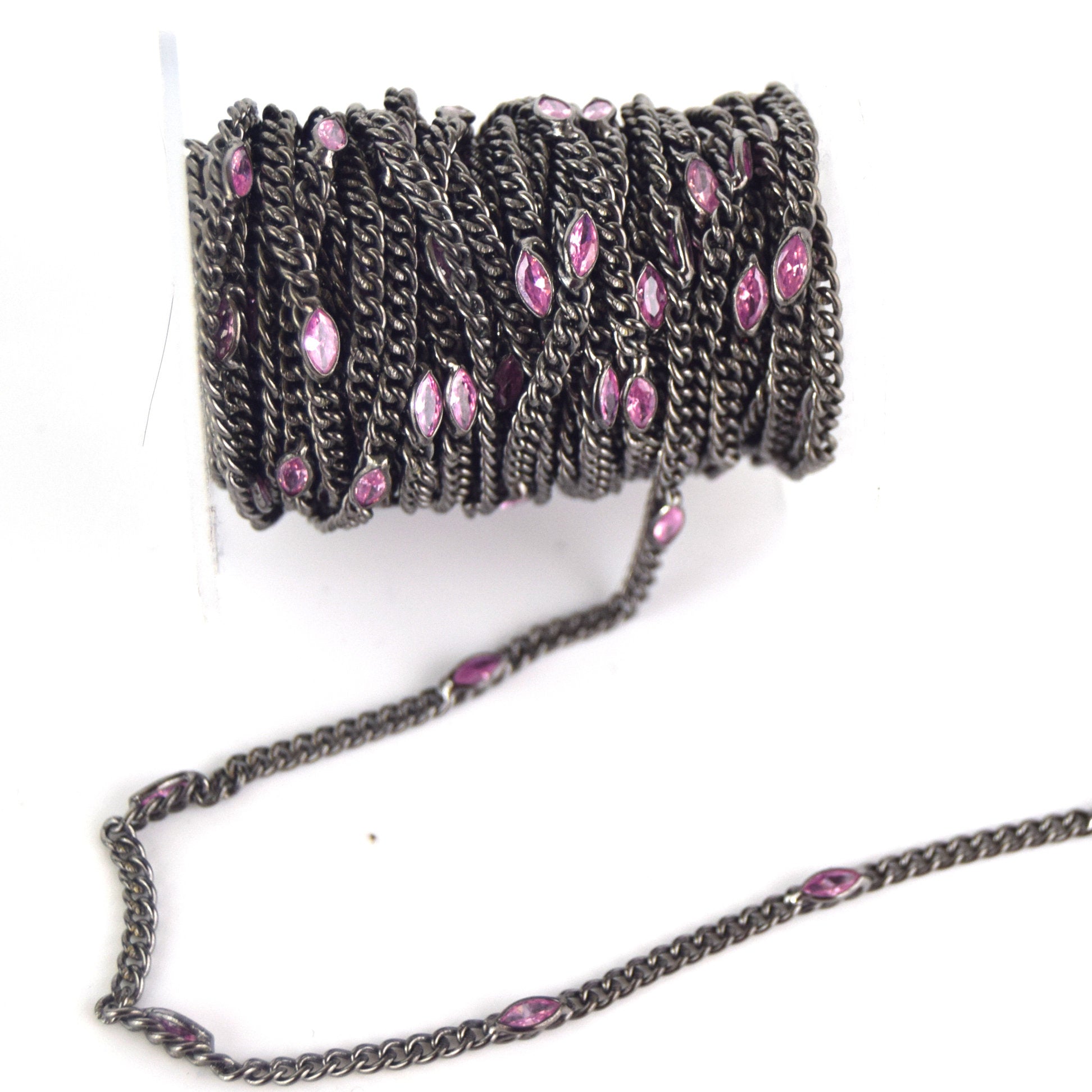 Gunmetal Plated Copper Spaced with 6mm Faceted Pink Hydro Quartz Marquise Bezel Link Rosary Chain
