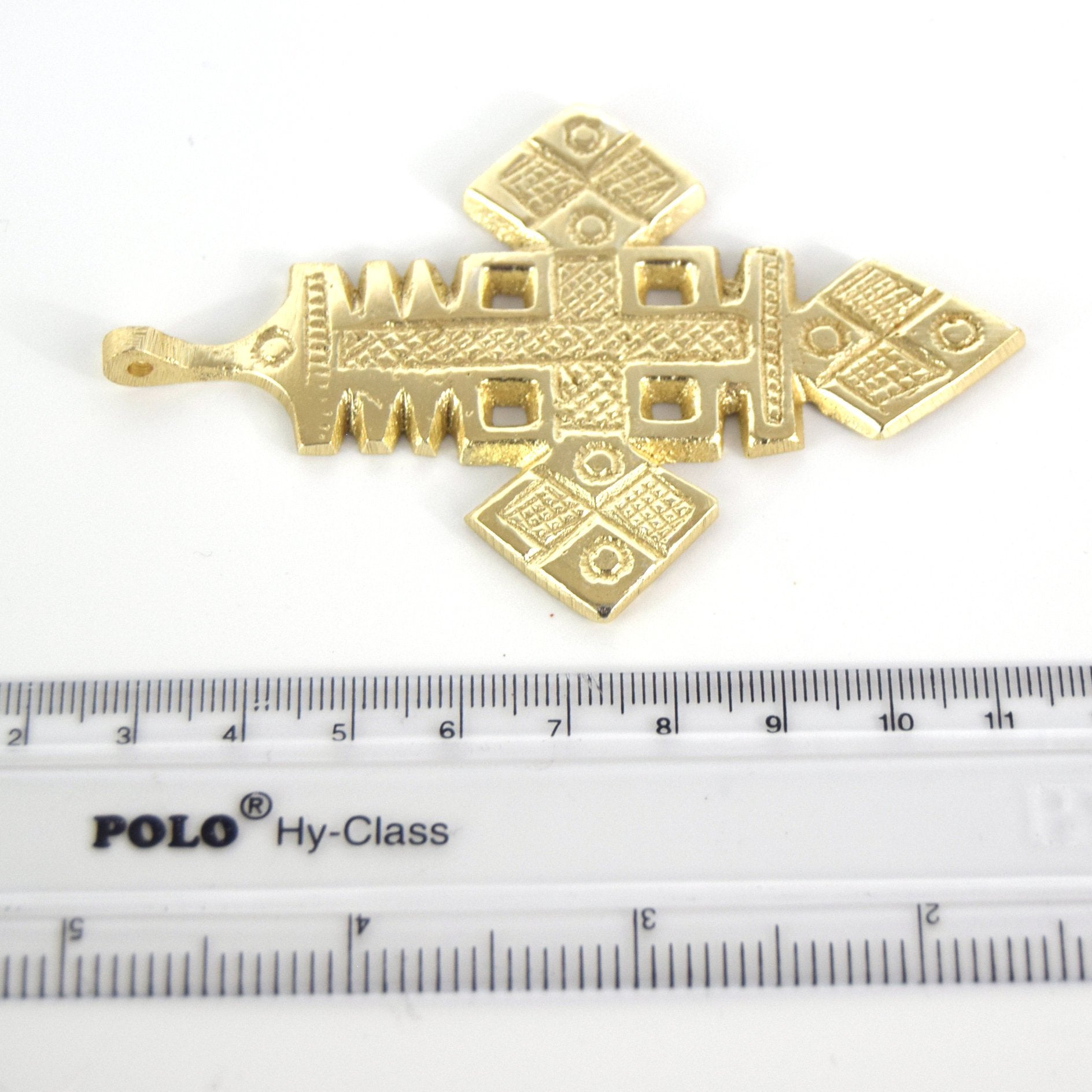 3.5" Bright Gold Ethiopian Cross Shaped (Style B) Plated Brass Pendant with Bail - Measuring 57mm x 92mm - Sold Individually