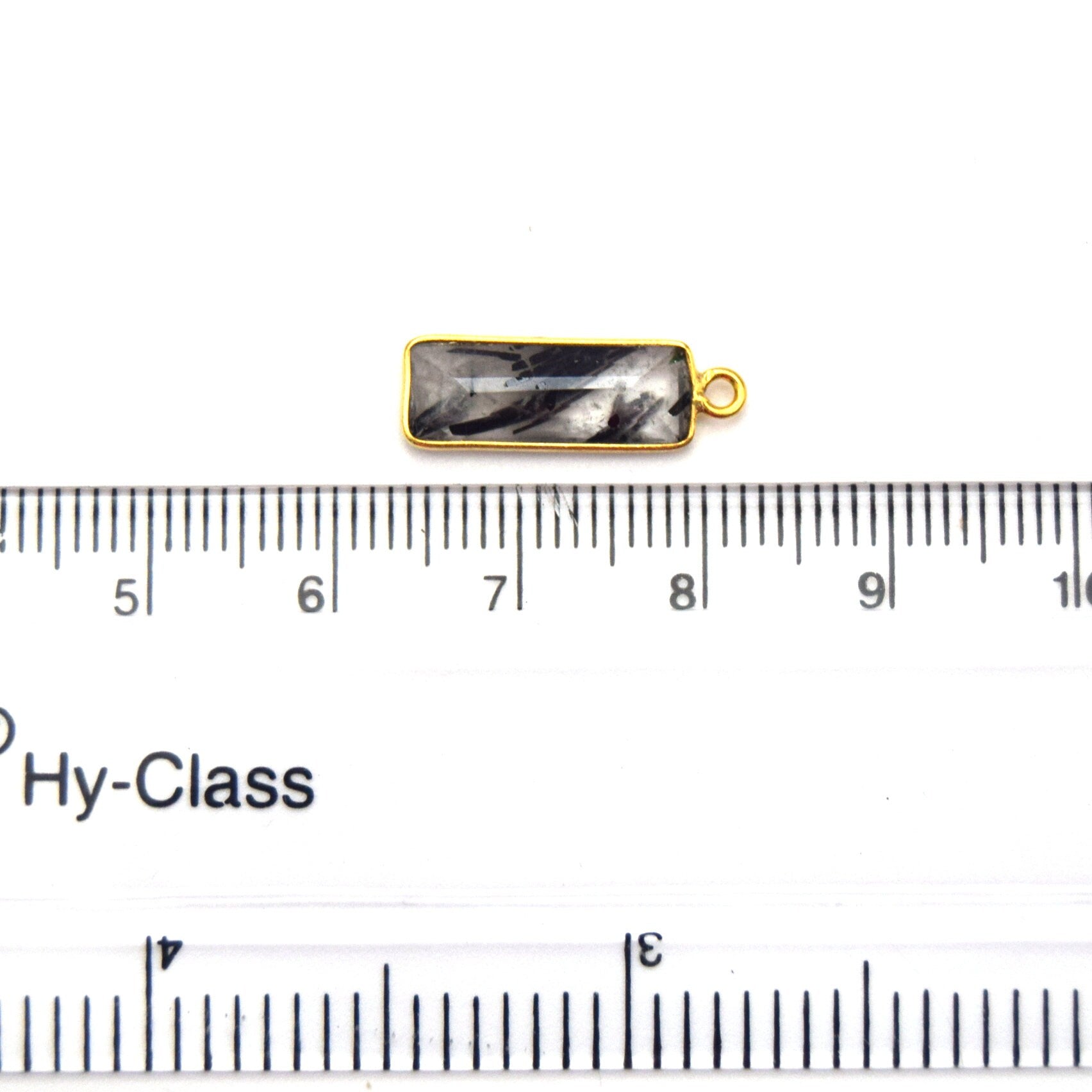Gold Vermeil Faceted Cut Stone Rectangle Shaped Black Rutilated Quartz Bezel Pendant- Measuring 5mm x 15mm - Sold Per Piece