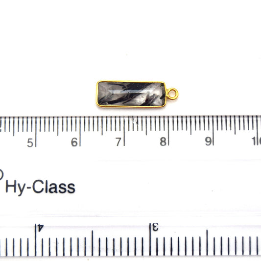 Gold Vermeil Faceted Cut Stone Rectangle Shaped Black Rutilated Quartz Bezel Pendant- Measuring 5mm x 15mm - Sold Per Piece