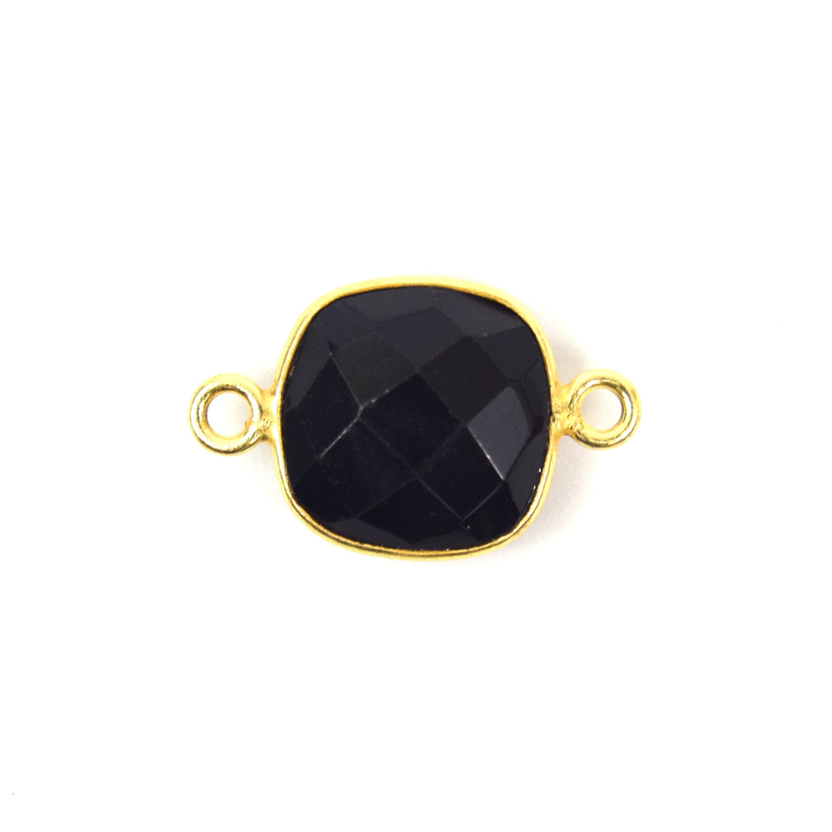 Gold Plated Faceted Hydro (Lab Created) Jet Black Onyx Square Shaped Bezel Connector - Measuring 10mm x 10mm - Sold Individually