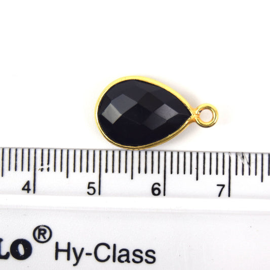 Gold Plated Faceted Hydro (Lab Created) Jet Black Onyx Pear/Teardrop Shaped Bezel Pendant - Measuring 10mm x 13mm - Sold Individually