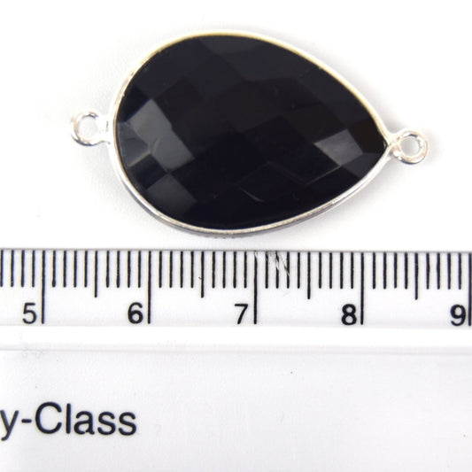 Silver Plated Faceted Hydro (Lab Created) Jet Black Onyx Pear/Teardrop Shaped Bezel Pendant - Measuring 18mm x 25mm - Sold Individually