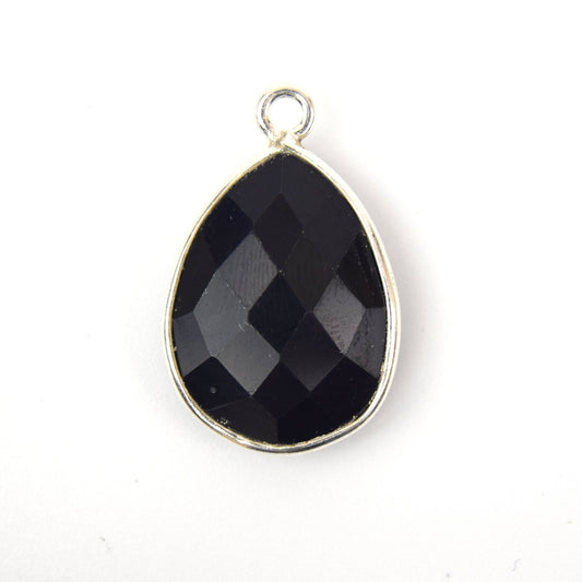 Silver Plated Faceted Hydro (Lab Created) Jet Black Onyx Heart/Teardrop Shaped Bezel Connector - Measuring 15mm x 20mm - Sold Individually