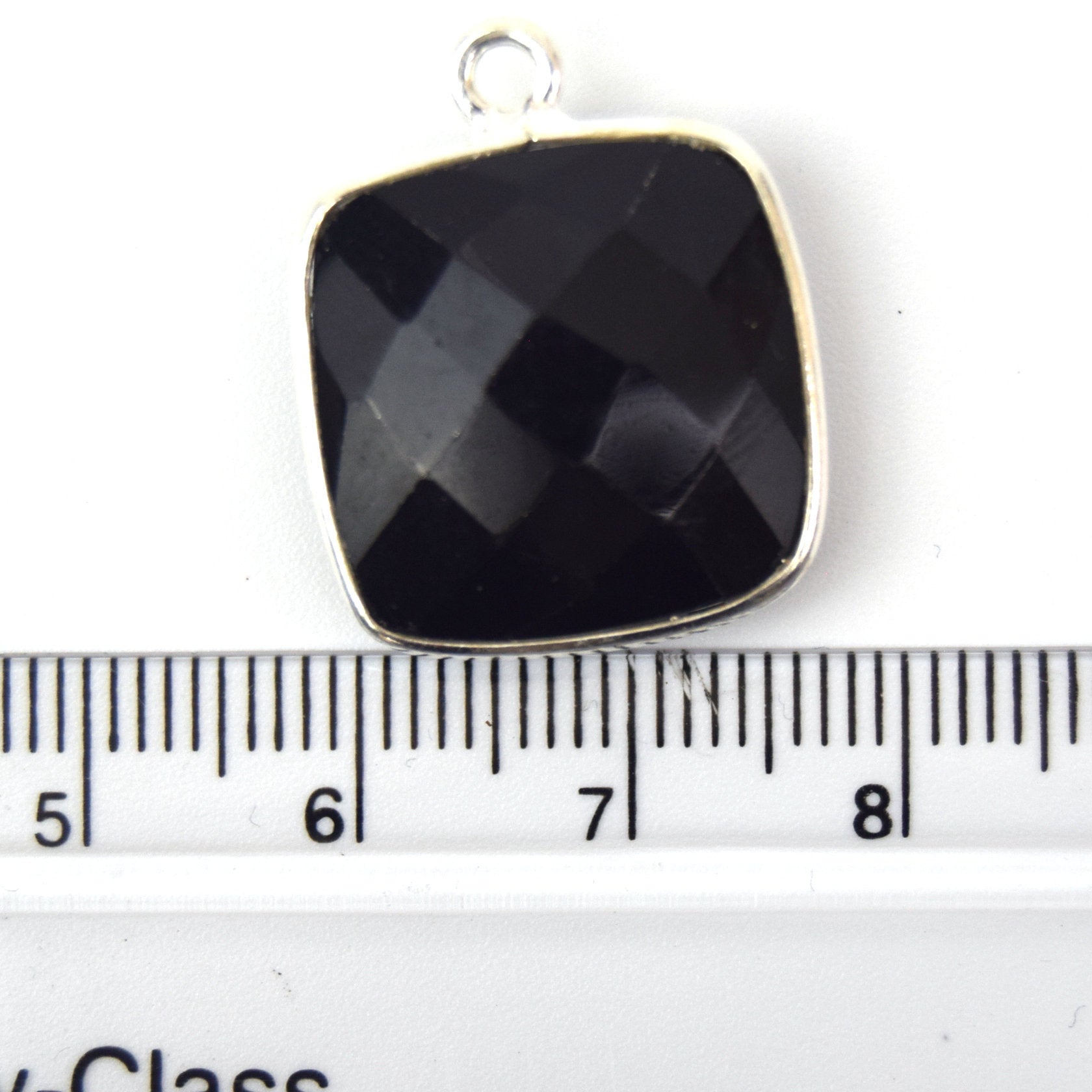 Silver Plated Faceted Hydro (Lab Created) Jet Black Onyx Square Shaped Bezel Connector - Measuring 18mm x 18mm - Sold Individually