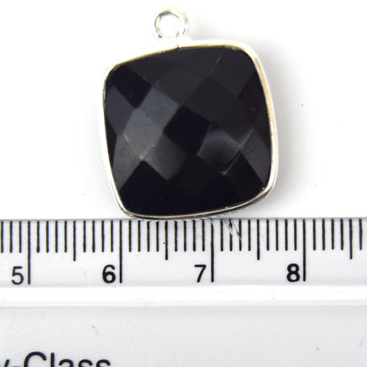 Silver Plated Faceted Hydro (Lab Created) Jet Black Onyx Square Shaped Bezel Connector - Measuring 18mm x 18mm - Sold Individually