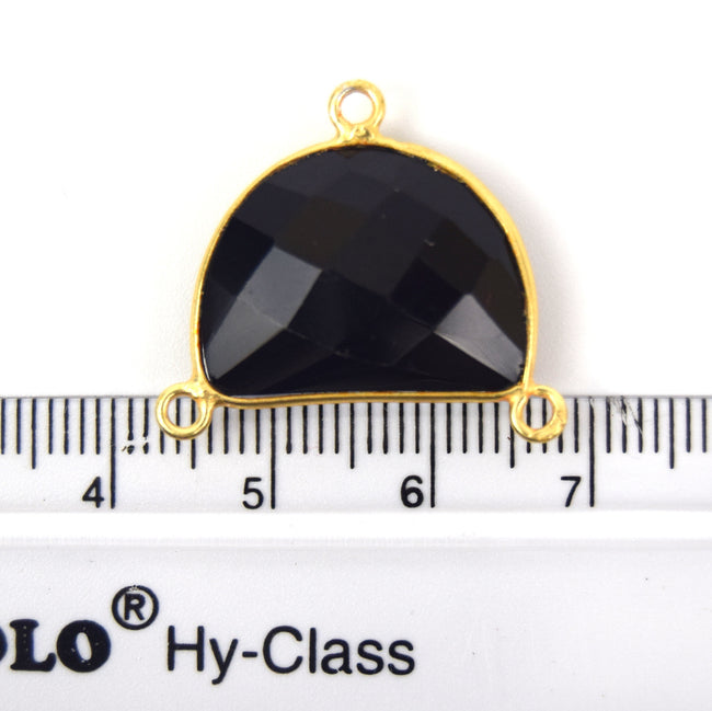 Gold Plated Faceted Hydro (Lab Created) Jet Black Onyx Half Moon Shaped Bezel Connector - Measuring 20mm x 10mm - Sold Individually