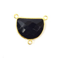 Gold Plated Faceted Hydro (Lab Created) Jet Black Onyx Half Moon Shaped Bezel Connector - Measuring 20mm x 10mm - Sold Individually