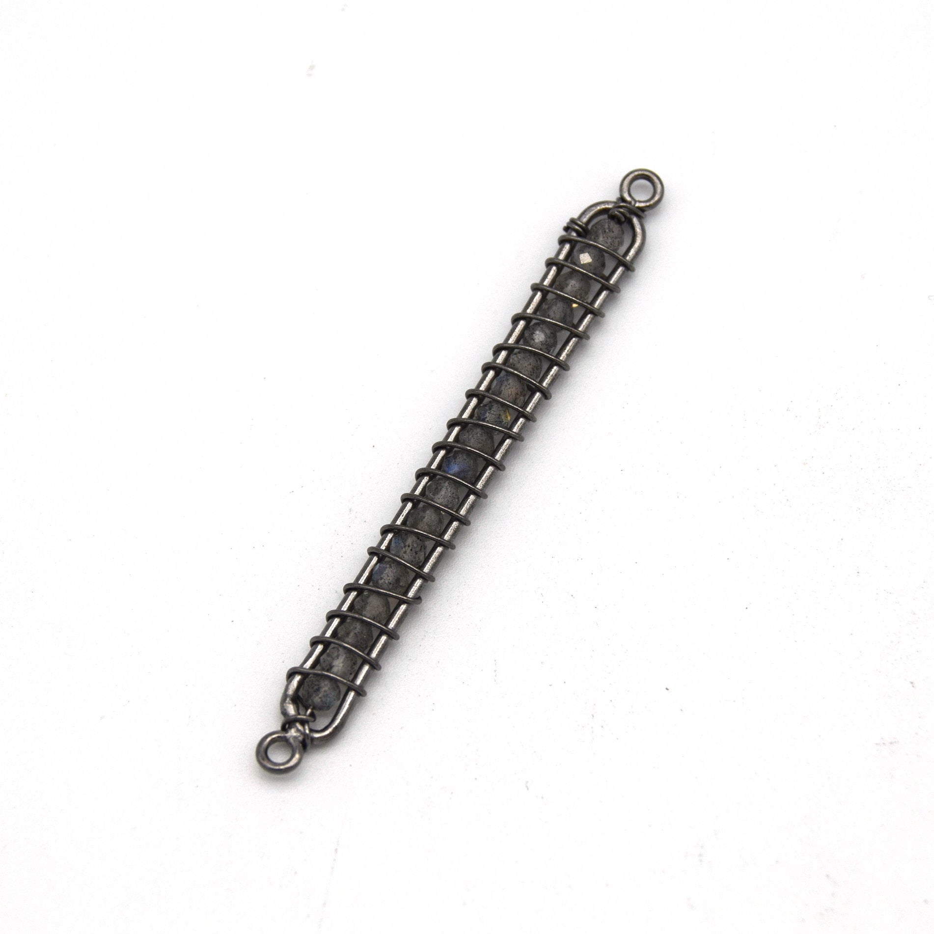 42mm x 4mm Gunmetal Wire Wrapped Iridescent Labradorite Bead Inclosure Pendant/Connector