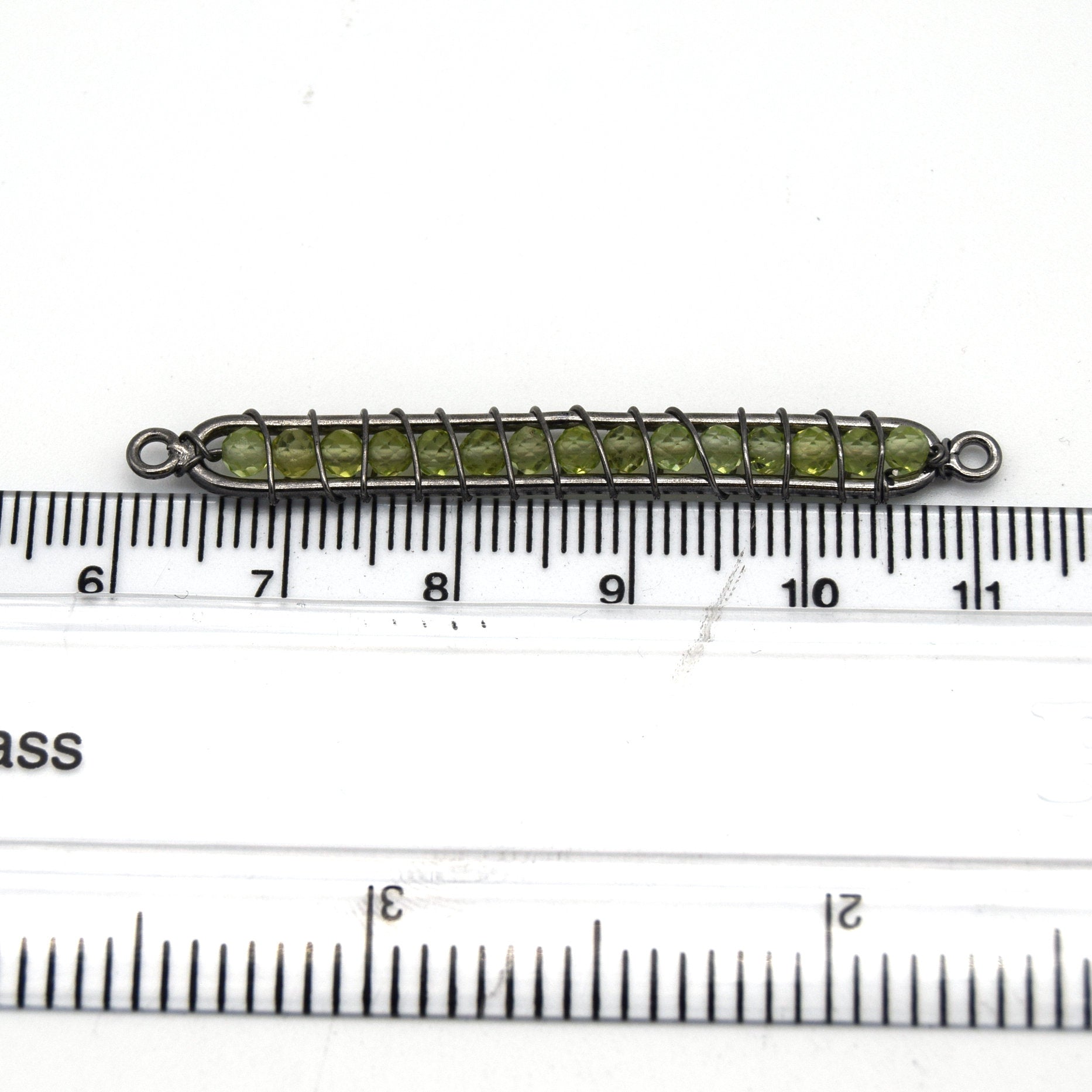 42mm x 4mm Gunmetal Wire Wrapped Pale Green Peridot Bead Inclosure Pendant/Connector