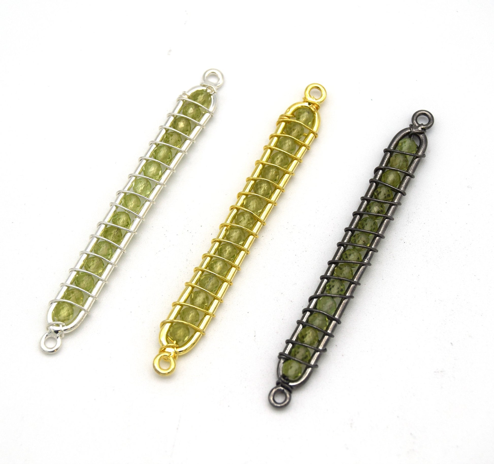 42mm x 4mm Silver Wire Wrapped Pale Green Peridot Bead Inclosure Pendant/Connector