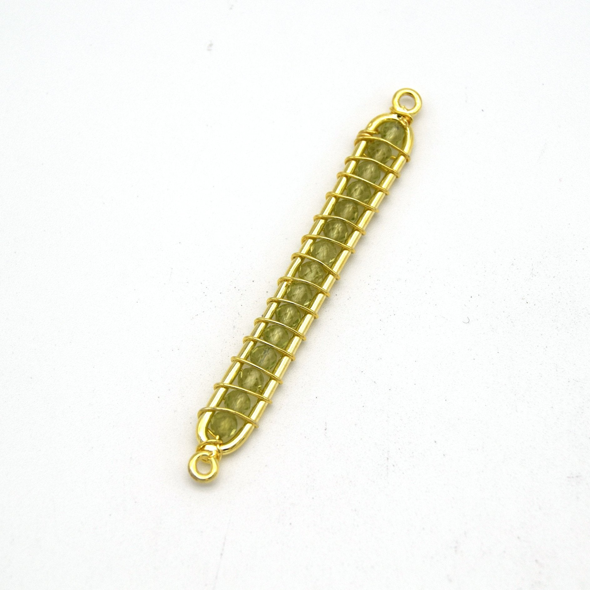 42mm x 4mm Gold Wire Wrapped Pale Green Peridot Bead Inclosure Pendant/Connector