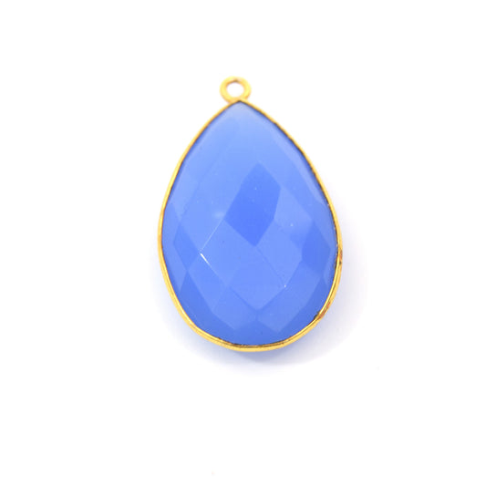 20mm x 30mm Gold Finish Faceted Denim Blue Chalcedony Teardrop Shaped Bezel Pendant Component