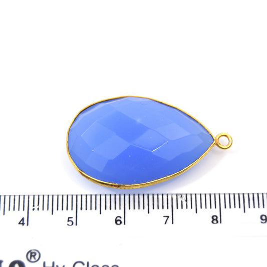 20mm x 30mm Gold Finish Faceted Denim Blue Chalcedony Teardrop Shaped Bezel Pendant Component