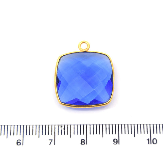 Gold Plated Faceted Hydro (Lab Created) Transparent Cobalt Square Shaped Bezel Pendant - Measuring 18mm x 18mm - Sold Individually