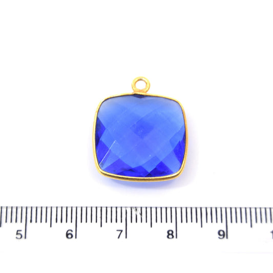 Gold Plated Faceted Hydro (Lab Created) Transparent Cobalt Square Shaped Bezel Pendant - Measuring 18mm x 18mm - Sold Individually