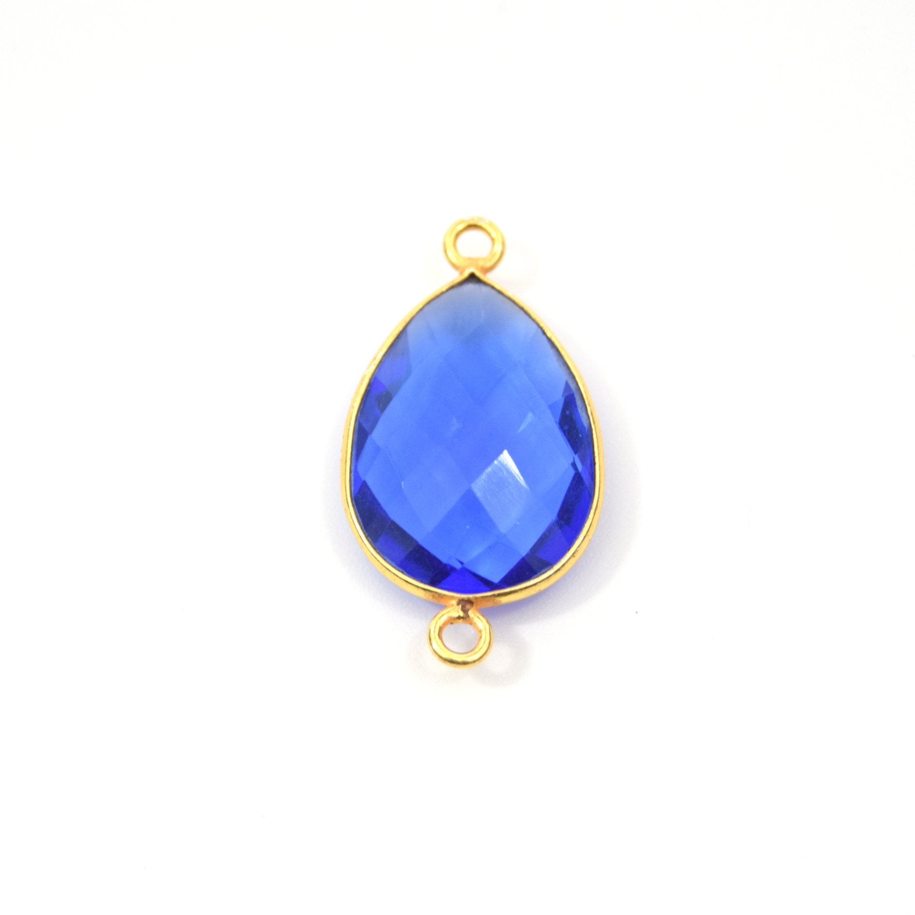 Gold Plated Faceted Hydro (Lab Created) Transparent Cobalt Teardrop Shaped Bezel Connector - Measuring 15mm x 20mm - Sold Individually