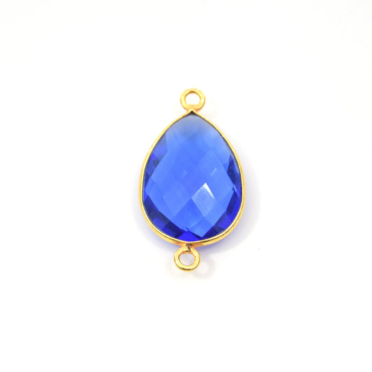 Gold Plated Faceted Hydro (Lab Created) Transparent Cobalt Teardrop Shaped Bezel Connector - Measuring 15mm x 20mm - Sold Individually