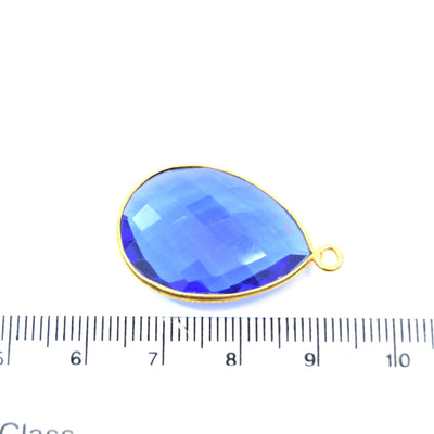 Gold Plated Faceted Hydro (Lab Created) Transparent Cobalt Teardrop Shaped Bezel Pendant - Measuring 18mm x 24mm - Sold Individually