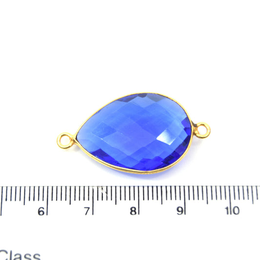 Gold Plated Faceted Hydro (Lab Created) Transparent Cobalt Teardrop Shaped Bezel Connector - Measuring 18mm x 25mm - Sold Individually