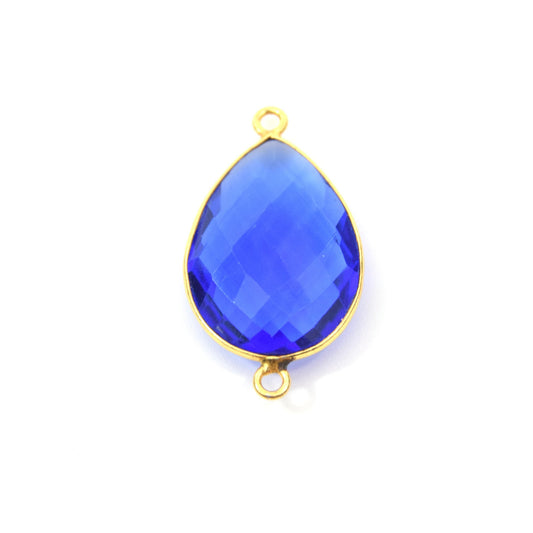 Gold Plated Faceted Hydro (Lab Created) Transparent Cobalt Teardrop Shaped Bezel Connector - Measuring 18mm x 25mm - Sold Individually