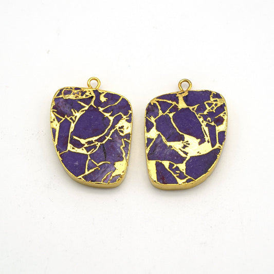 20mm x 26mm OOAK Matching Pair of Lavender Reconstituted Copper Turquoise & Gold Mosaic Rhombus Shaped Flat Pendants