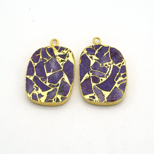 19mm x 25mm OOAK Matching Pair of Lavender Reconstituted Copper Turquoise & Gold Mosaic Bell Shaped Flat Pendants