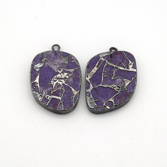 20mm x 26mm OOAK Matching Pair of Lavender Reconstituted Copper Turquoise & Gunmetal Mosaic Oblong Shaped Flat Pendants