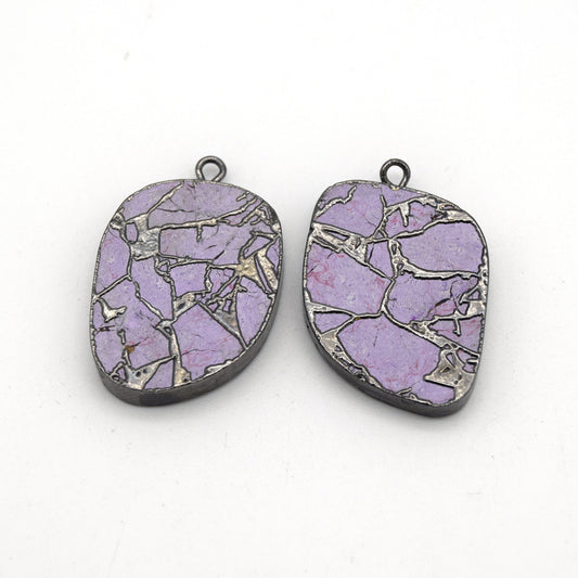 20mm x 26mm OOAK Matching Pair of Lavender Reconstituted Copper Turquoise & Gunmetal Mosaic Oblong Shaped Flat Pendants