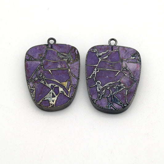 20mm x 26mm OOAK Matching Pair of Lavender Reconstituted Copper Turquoise & Gunmetal Mosaic Bell Shaped Flat Pendants