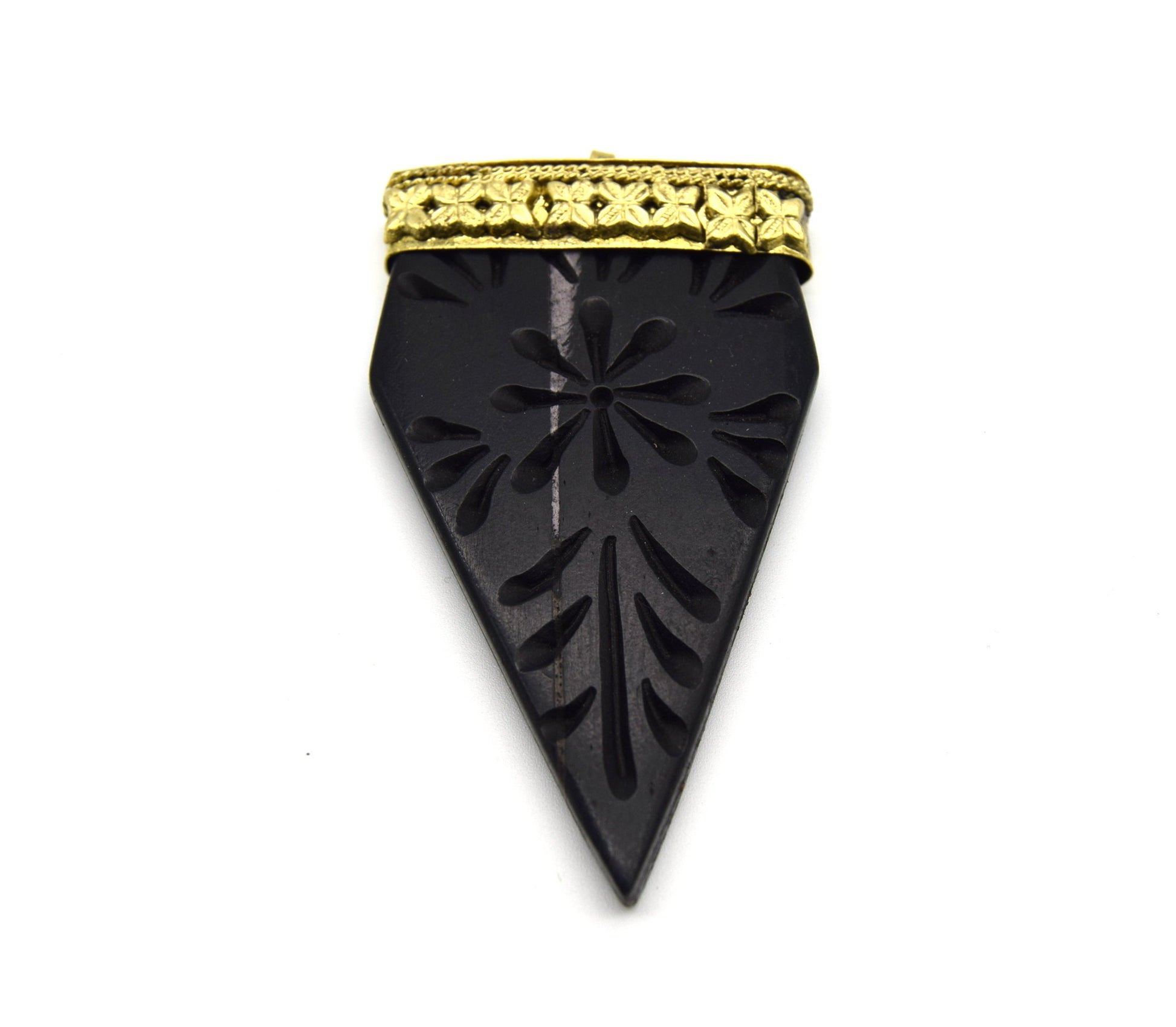 40mm x 70mm Carved Black Pointed Flat Arrow Shaped Natural Ox Bone Pendant with Gold Cap