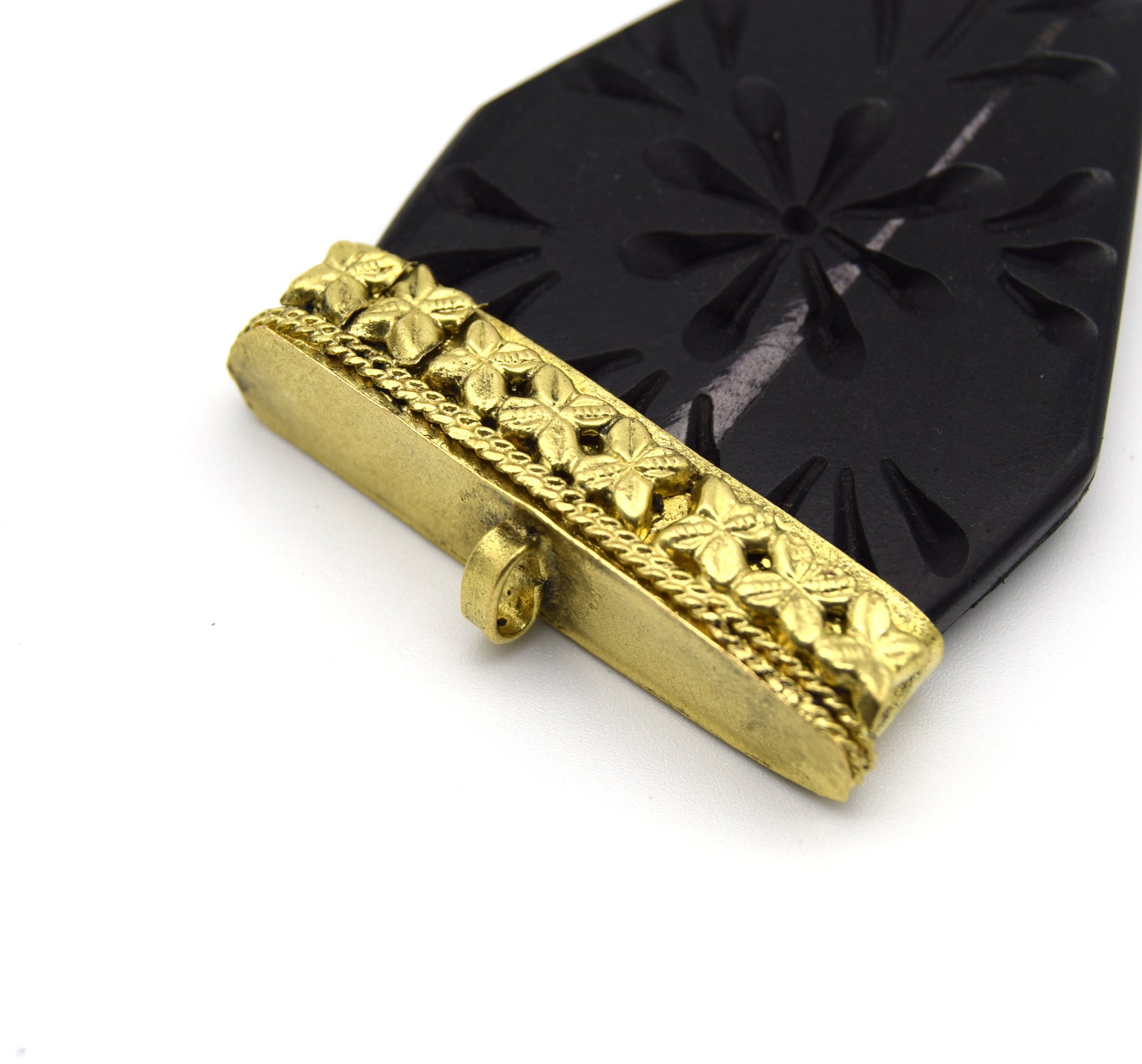 40mm x 70mm Carved Black Pointed Flat Arrow Shaped Natural Ox Bone Pendant with Gold Cap