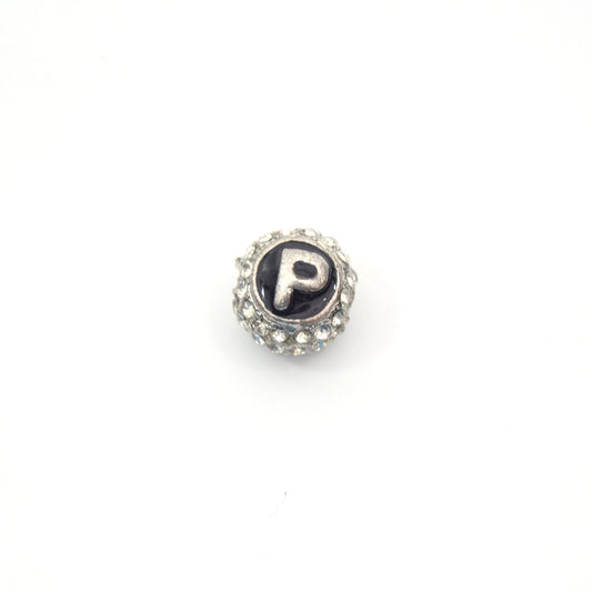 Clearance!! Silver 11mm Double-sided Letter "P"  Rhinestone Banded  Round/Ball Shaped Bead