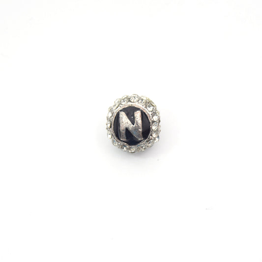 Clearance!! Silver 11mm Double-sided Letter "N"  Rhinestone Banded  Round/Ball Shaped Bead