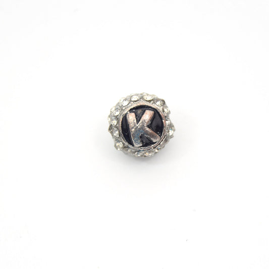 Clearance!! 11mm Double-sided Letter "K"  Rhinestone Banded  Round/Ball Shaped Bead - Silver