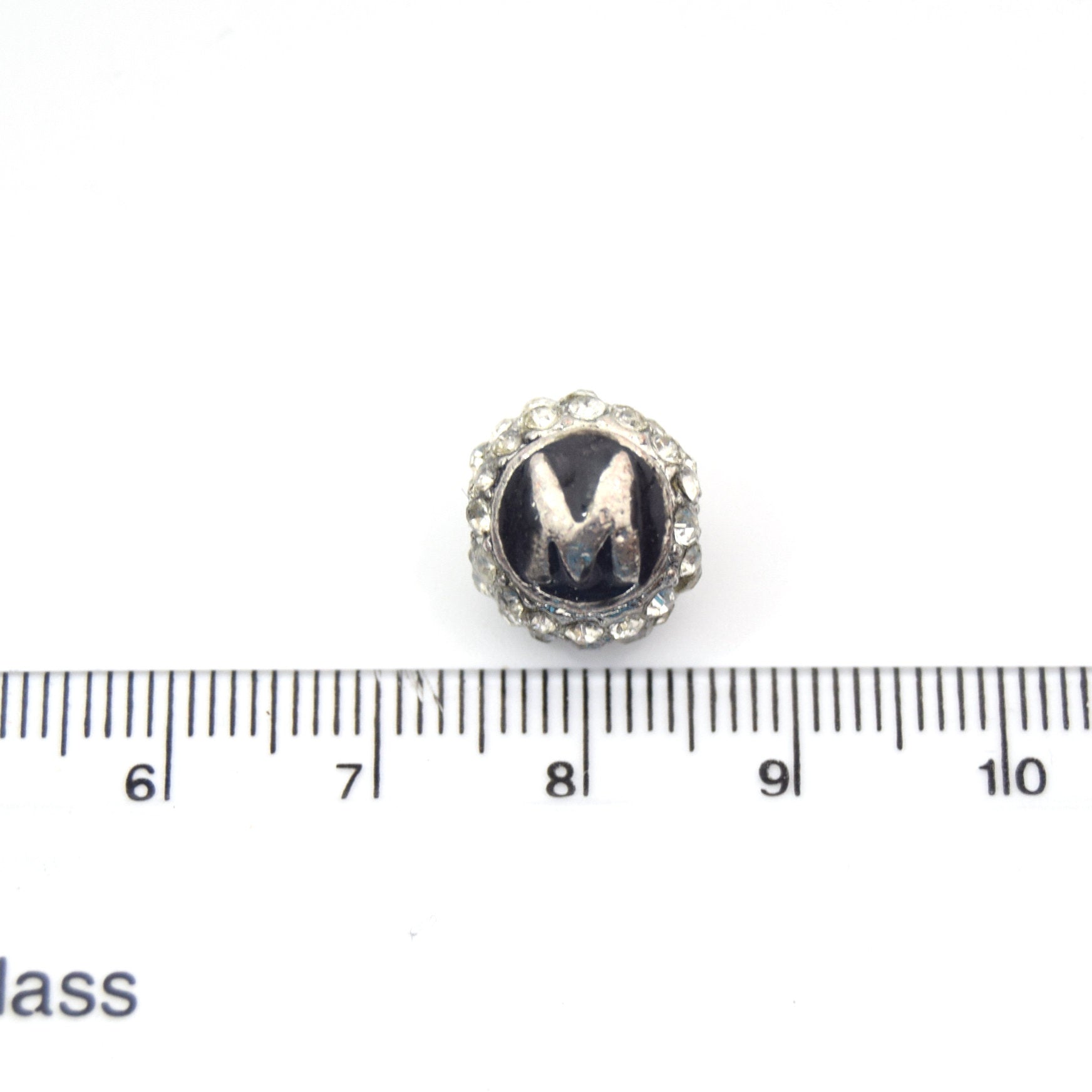 Clearance!! Silver 11mm Double-sided Letter "M" on Black Circle Rhinestone Banded  Round/Ball Shaped Bead