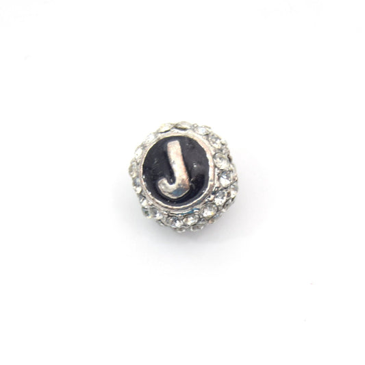 Clearance!! Silver 11mm Double-sided Letter "J" Rhinestone Banded Round/Ball Shaped Bead