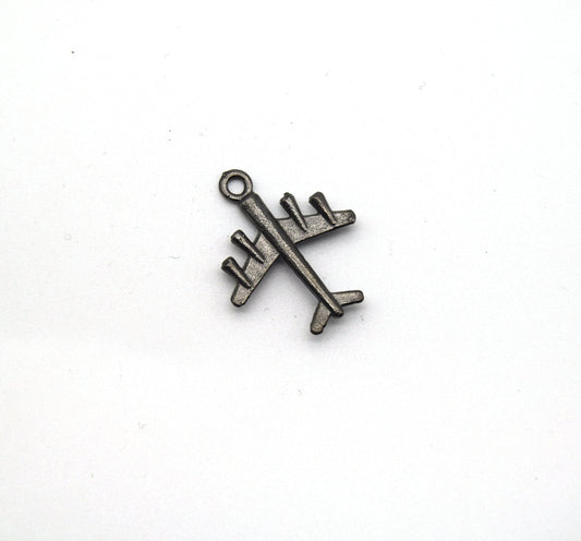 22mm x 27mm Gunmetal Plated Copper Vintage Airplane Pendant with One Ring - Sold Individually
