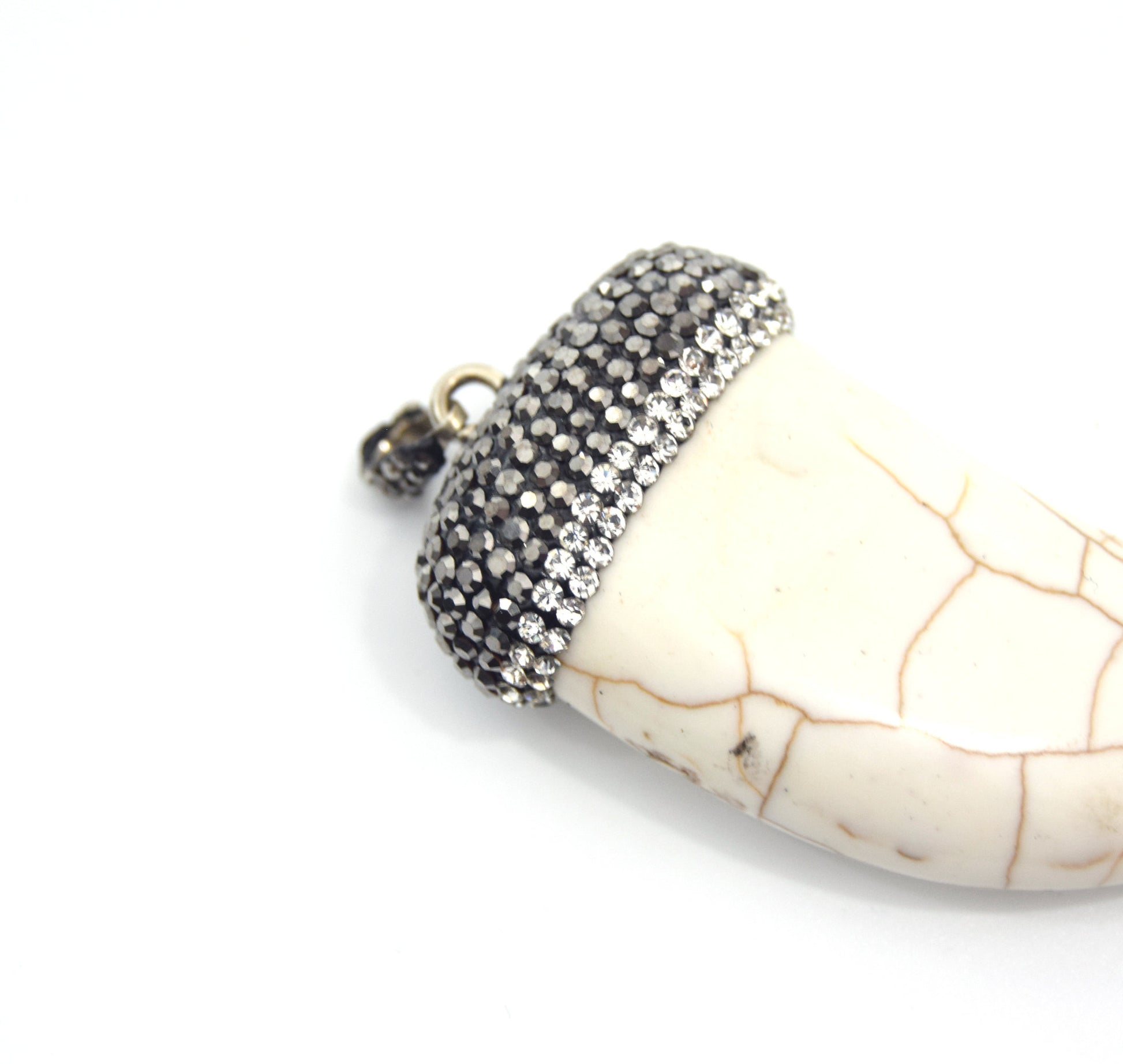 Rhinestone Encrusted Tusk/Claw Shaped White/Brown Howlite Pendant with Attached Bail - Measuring 27mm x 50mm, Approx. - Sold Individually
