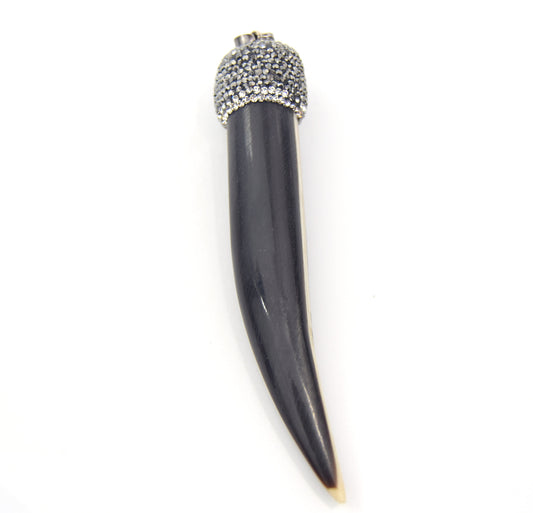 Pave Rhinestone Encrusted Black/White Tusk Shaped Goldstone Pendant with Gray/White Rhinestones and Attached Bail - Measuring 21mm x 95mm