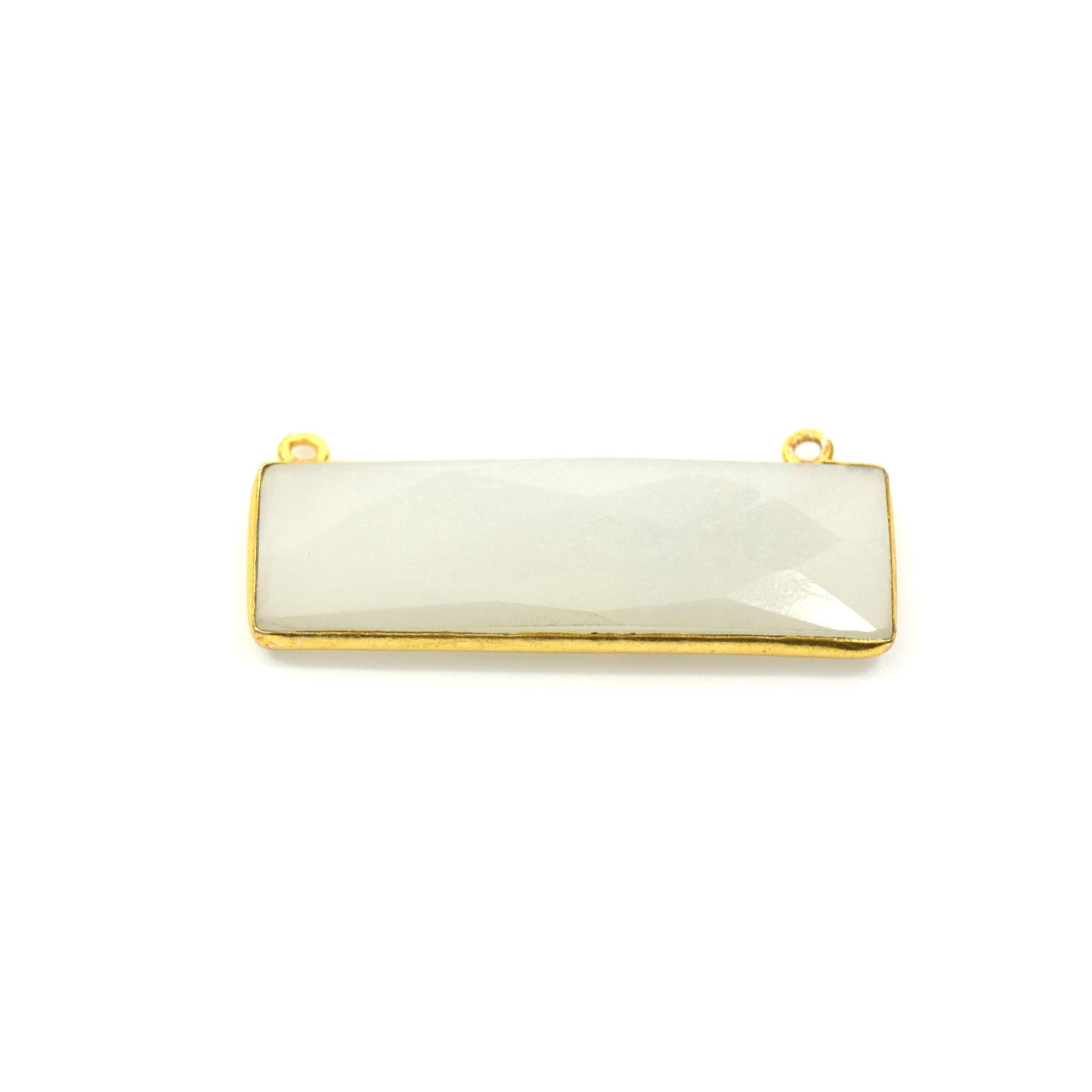 Gold Plated Faceted Natural Grey Moonstone Rectangle/Bar Shaped Bezel Connector - ~ 12mm x 40mm - Sold Individually, Chosen Randomly