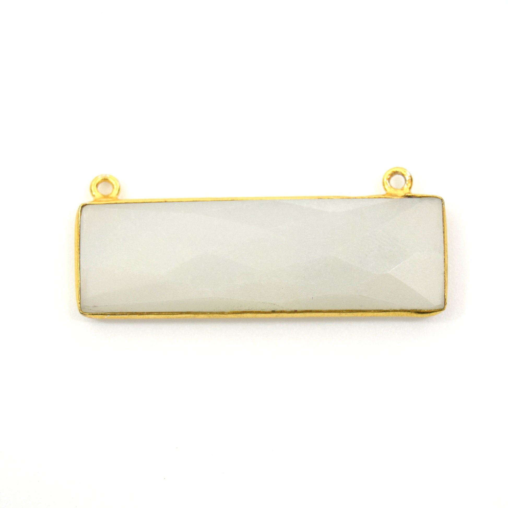 Gold Plated Faceted Natural Grey Moonstone Rectangle/Bar Shaped Bezel Connector - ~ 12mm x 40mm - Sold Individually, Chosen Randomly