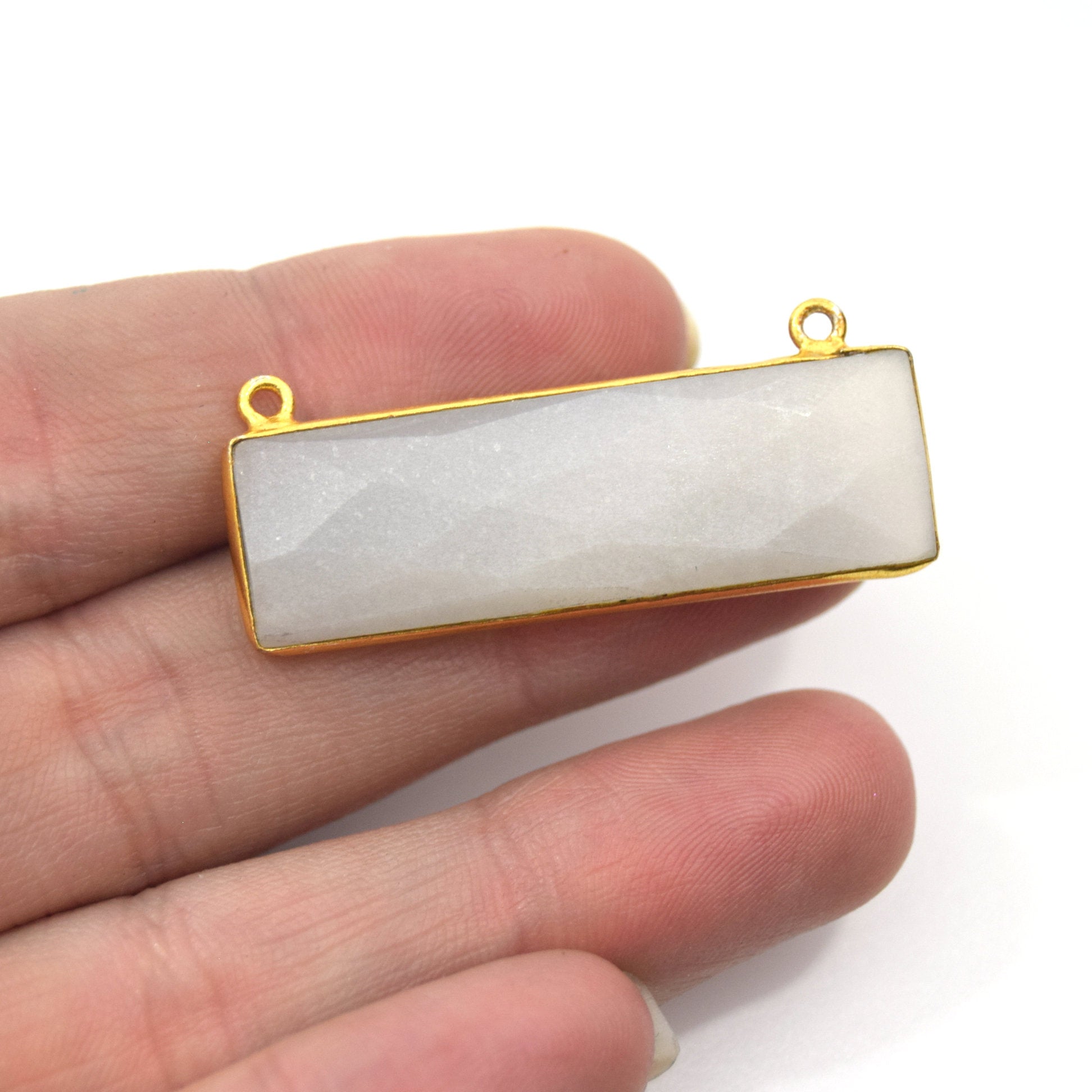 Gold Plated Faceted Natural Grey Moonstone Rectangle/Bar Shaped Bezel Connector - ~ 12mm x 40mm - Sold Individually, Chosen Randomly