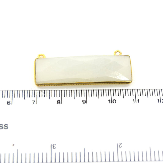 Gold Plated Faceted Natural Grey Moonstone Rectangle/Bar Shaped Bezel Connector - ~ 12mm x 40mm - Sold Individually, Chosen Randomly