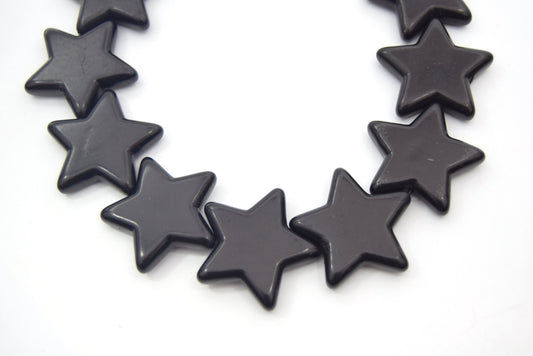 30mm Jet Black Howlite Star Shaped Beads with 1mm Holes - (Approx. 16" Strand ~ 16 Beads)