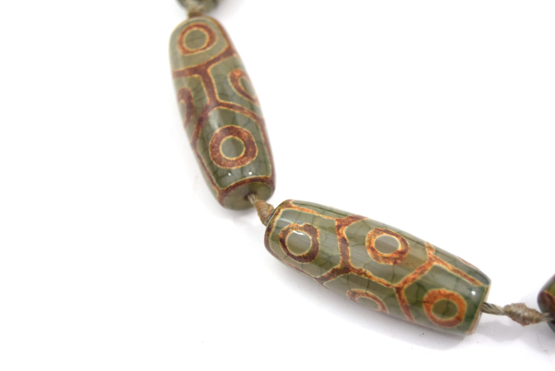 40mm Natural Honeycomb Pattern Brown/Green Tibetan Agate Tube/Barrel Beads - (Approx. 15" ~8 Beads)