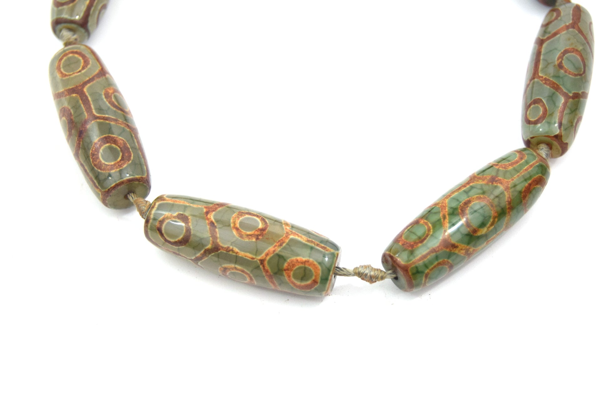 40mm Natural Honeycomb Pattern Brown/Green Tibetan Agate Tube/Barrel Beads - (Approx. 15" ~8 Beads)